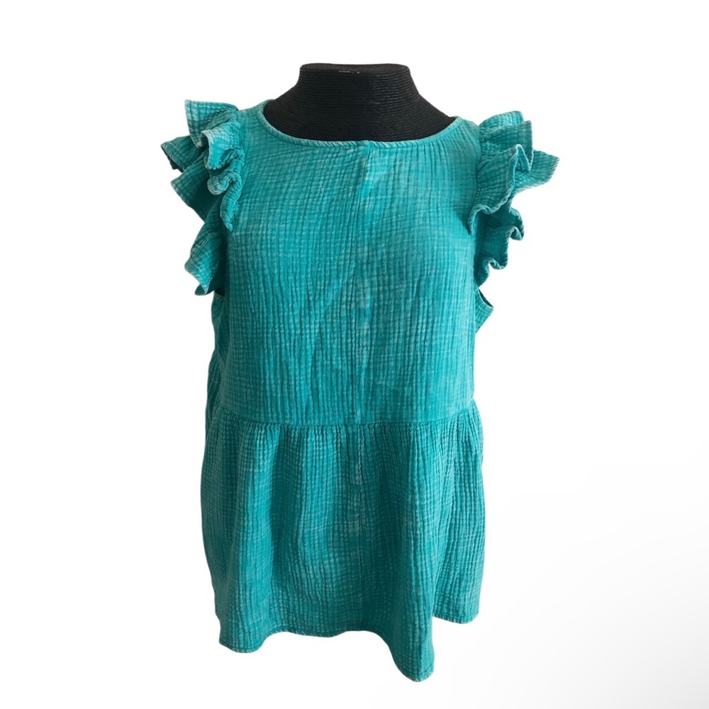 Zenana Outfitters Gauze Teal Ruffle Sleeve Peplum Top